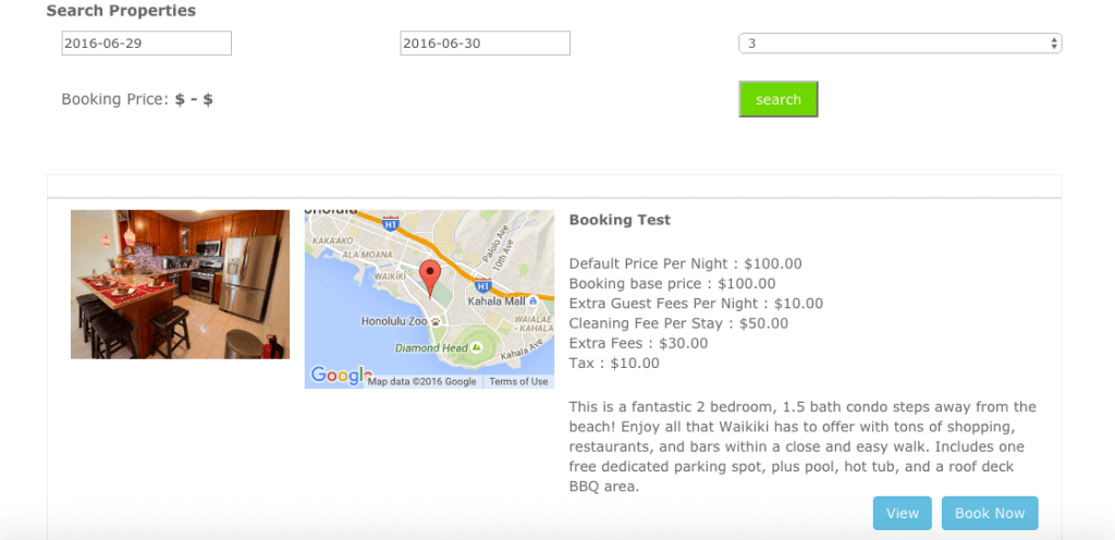 Search bar results page showing your map and picture of your vacation rental